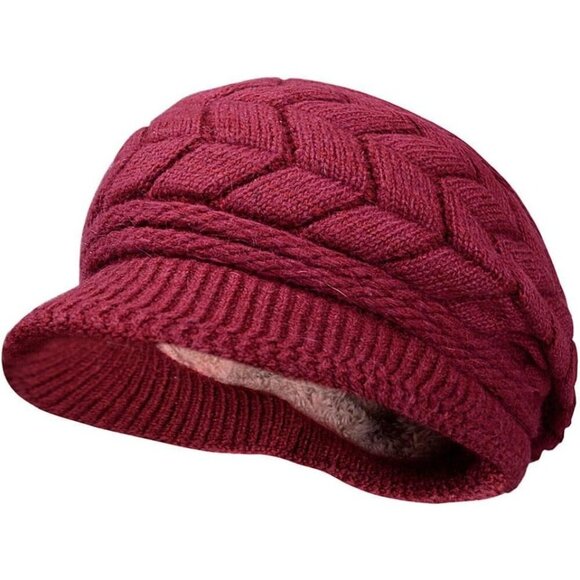 〽️Women’s Wine Winter Warm Knit Wool Snow Ski Hat with Visor